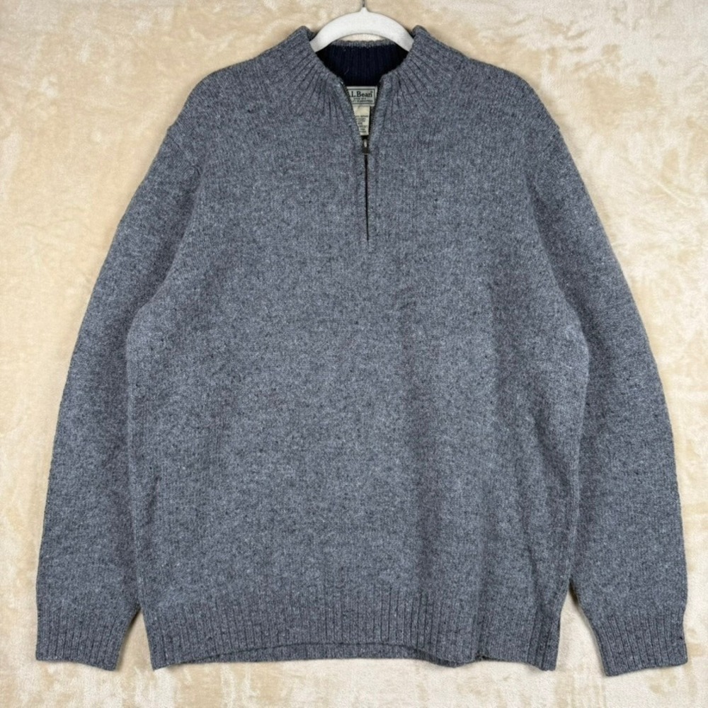 LL Bean Mens L Gray Shetland Wool Quarter Zip Sweater Elbow Patches Classic